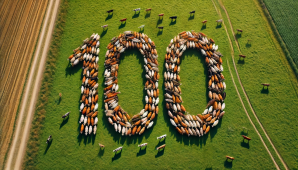  : DALLE 2024-06-15 10.49.39 - Aerial view of a herd of cows standing in the shape of the number 100 in a green field.jpeg